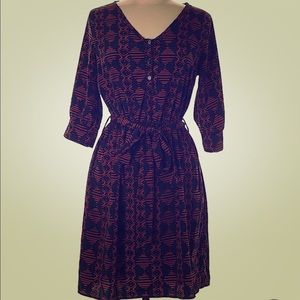Navy printed tie waist shirt-dress